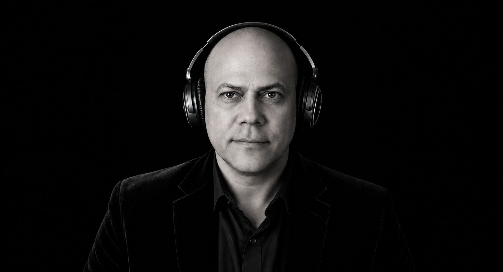 Arno Duarte em retrato preto e branco sobre fundo escuro